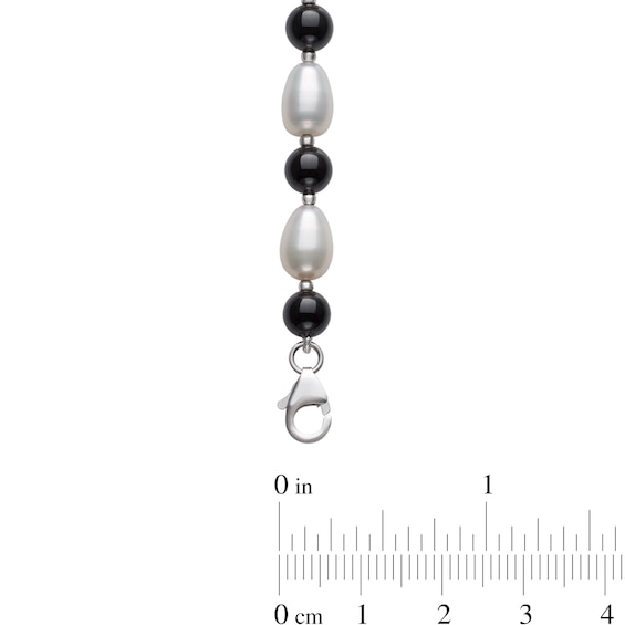 Alternating Onyx and Freshwater Cultured Pearl Strand Necklace, Bracelet and Drop Earrings Set in Sterling Silver