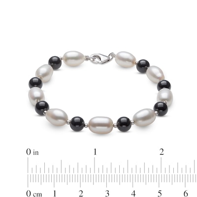 Alternating Onyx and Freshwater Cultured Pearl Strand Necklace, Bracelet and Drop Earrings Set in Sterling Silver