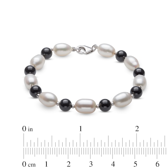 Alternating Onyx and Freshwater Cultured Pearl Strand Necklace, Bracelet and Drop Earrings Set in Sterling Silver