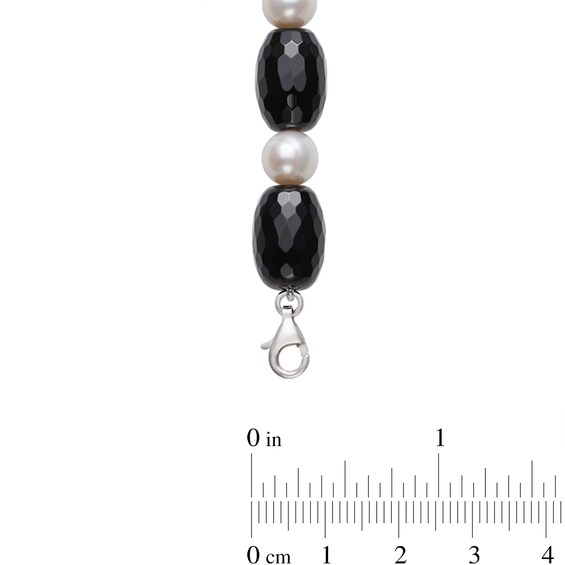 Elongated Faceted Onyx and Freshwater Cultured Pearl Necklace with Sterling Silver Clasp-24"