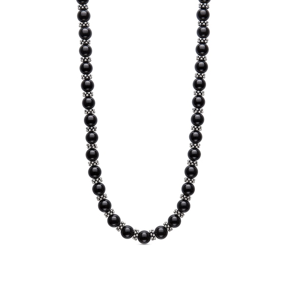 8.0mm Onyx and Stopper Bead Strand Necklace in Sterling Silver