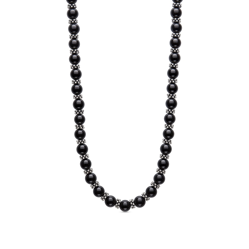 8.0mm Onyx and Stopper Bead Strand Necklace in Sterling Silver|Peoples Jewellers