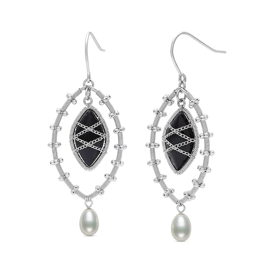 Marquise Onyx and Freshwater Cultured Pearl Wire Drop Earrings in Sterling Silver