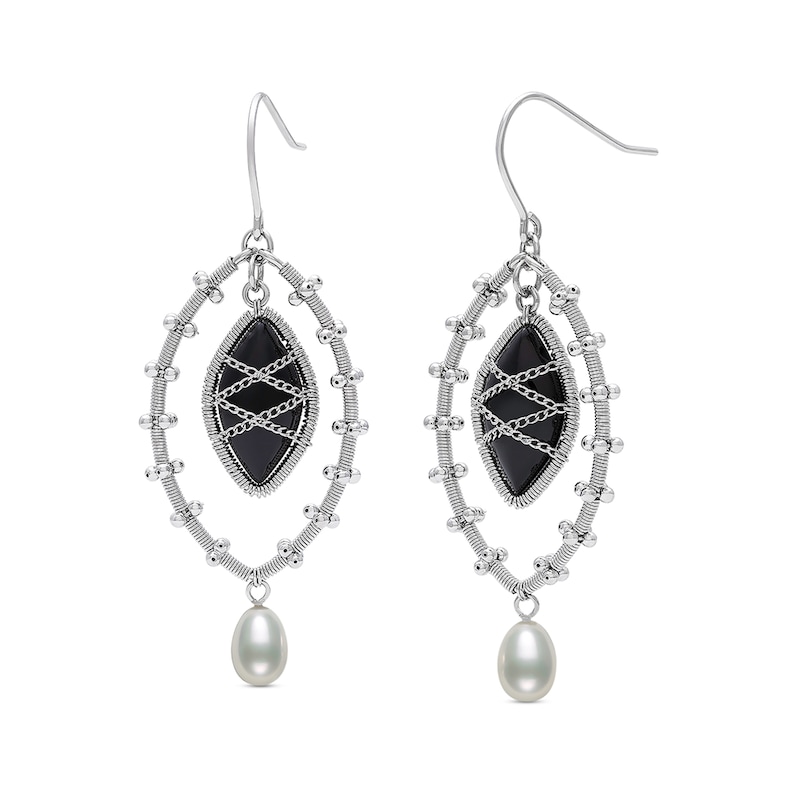 Marquise Onyx and Freshwater Cultured Pearl Wire Drop Earrings in Sterling Silver|Peoples Jewellers
