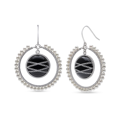 Onyx and Freshwater Cultured Pearl Edge Wire Drop Earrings in Sterling Silver