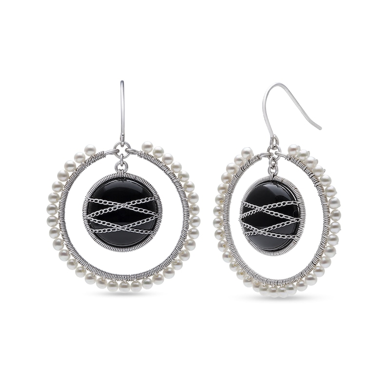 Onyx and Freshwater Cultured Pearl Edge Wire Drop Earrings in Sterling Silver|Peoples Jewellers