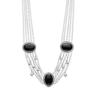 Oval Onyx and Freshwater Cultured Pearl Multi-Strand Necklace in Sterling Silver-15"