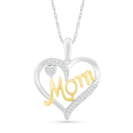 0.04 CT. T.W. Diamond Ribbon Double Heart Outline with Cursive &quot;Mom&quot; Pendant in Sterling Silver and 14K Gold Plate