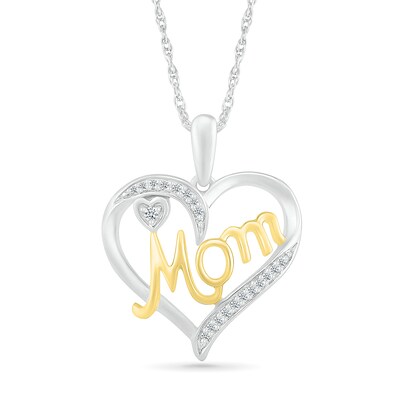 0.04 CT. T.W. Diamond Ribbon Double Heart Outline with Cursive "Mom" Pendant in Sterling Silver and 14K Gold Plate