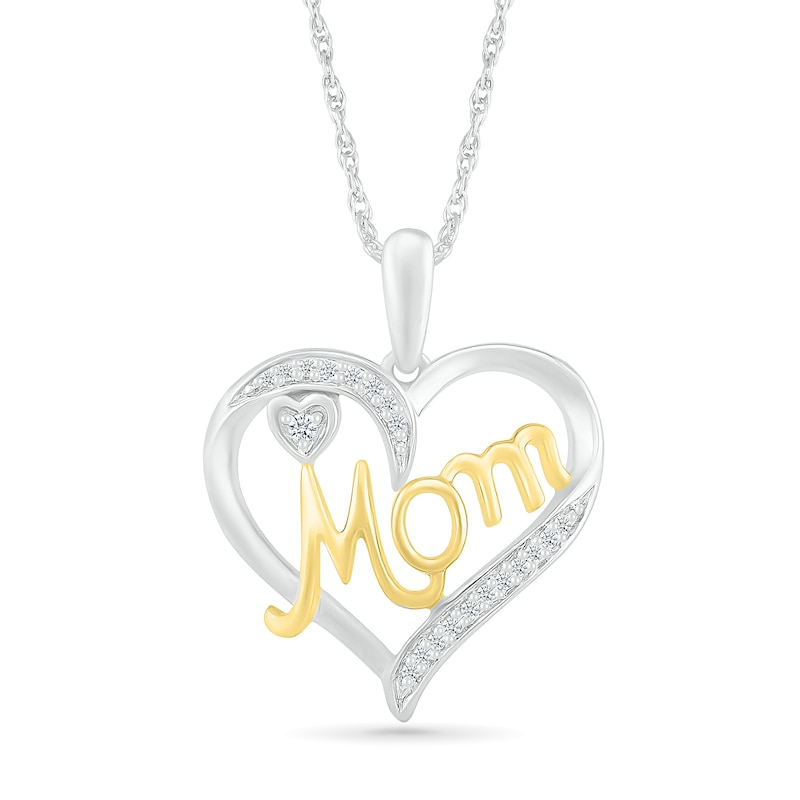 0.04 CT. T.W. Diamond Ribbon Double Heart Outline with Cursive "Mom" Pendant in Sterling Silver and 14K Gold Plate