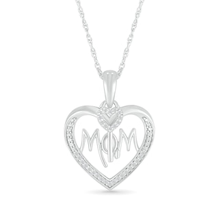 0.115 CT. T.W. Diamond Beaded Heart Outline with "MOM" and Heart-Top Key Dangle Pendant in Sterling Silver