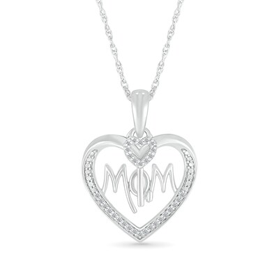 0.115 CT. T.W. Diamond Beaded Heart Outline with "MOM" and Heart-Top Key Dangle Pendant in Sterling Silver