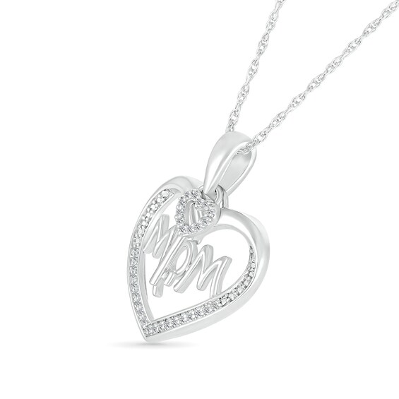 0.115 CT. T.W. Diamond Beaded Heart Outline with "MOM" and Heart-Top Key Dangle Pendant in Sterling Silver