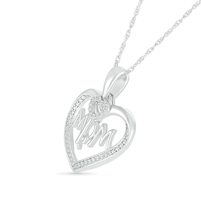 0.115 CT. T.W. Diamond Beaded Heart Outline with "MOM" and Heart-Top Key Dangle Pendant in Sterling Silver