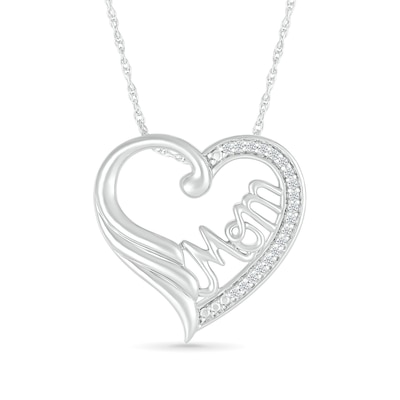 0.066 CT. T.W. Diamond Heart Outline with Cursive "Mom" and Angel Wing Accent Pendant in Sterling Silver