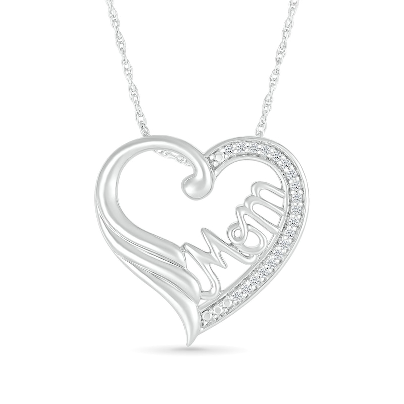 0.066 CT. T.W. Diamond Heart Outline with Cursive "Mom" and Angel Wing Accent Pendant in Sterling Silver