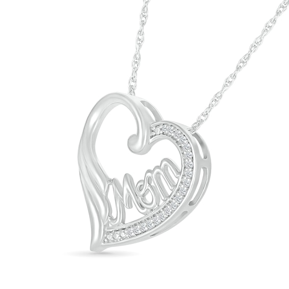 0.066 CT. T.W. Diamond Heart Outline with Cursive "Mom" and Angel Wing Accent Pendant in Sterling Silver