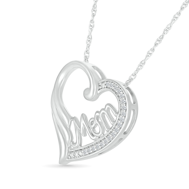 0.066 CT. T.W. Diamond Heart Outline with Cursive "Mom" and Angel Wing Accent Pendant in Sterling Silver