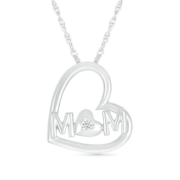 Diamond Accent Solitaire Double Tilted Heart Outline with &quot;MOM&quot; Pendant in Sterling Silver