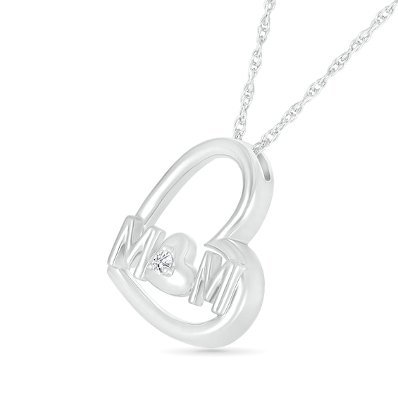 Diamond Accent Solitaire Double Tilted Heart Outline with "MOM" Pendant in Sterling Silver