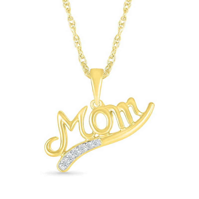 Diamond Accent Curved Ribbon Underline Cursive "Mom" Pendant in Sterling Silver with 14K Gold Plate|Peoples Jewellers