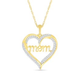 0.18 CT. T.W. Diamond Ribbon Heart Outline with Cursive &quot;mom&quot; Pendant in Sterling Silver with 14K Gold Plate