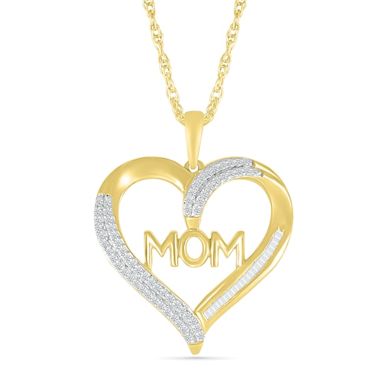 0.18 CT. T.W. Baguette and Round Diamond Ribbon Heart Outline with "MOM" Pendant in Sterling Silver with 14K Gold Plate