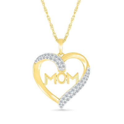 0.23 CT. T.W. Diamond Double Row Ribbon Heart Outline with "MOM" Pendant in Sterling Silver with 14K Gold Plate