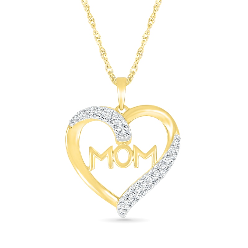 0.23 CT. T.W. Diamond Double Row Ribbon Heart Outline with "MOM" Pendant in Sterling Silver with 14K Gold Plate|Peoples Jewellers