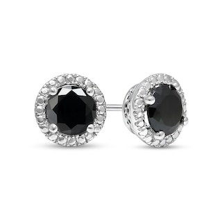 2.00 CT. T.W. Black Diamond Solitaire Beaded Frame Stud Earrings in Sterling Silver