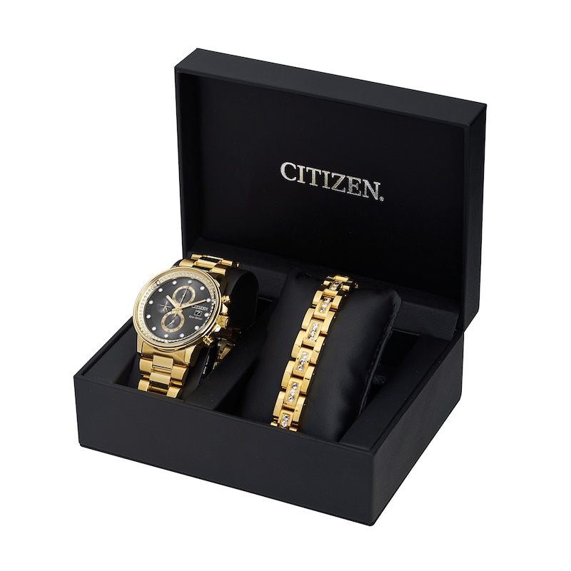 Men's Citizen Eco-Drive® Crystal Accent Gold-Tone Chronograph Watch and Bracelet Box Set (Model: FB3002-61E)|Peoples Jewellers