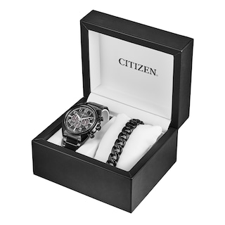 Men's Citizen Eco-Drive® Brycen Black IP Chronograph Watch and Chain Bracelet Box Set (Model: CA4285-68E)