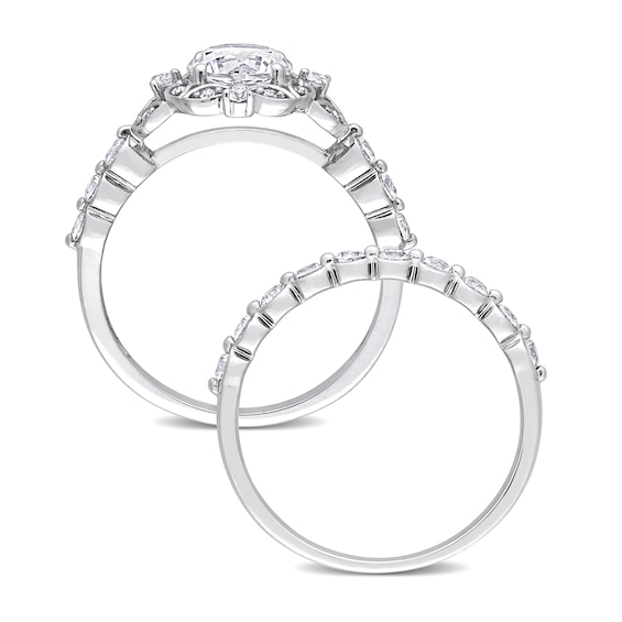 6.5mm White Lab-Created Sapphire and 0.06 CT. T.W. Diamond Flower Frame Bridal Set in 10K White Gold