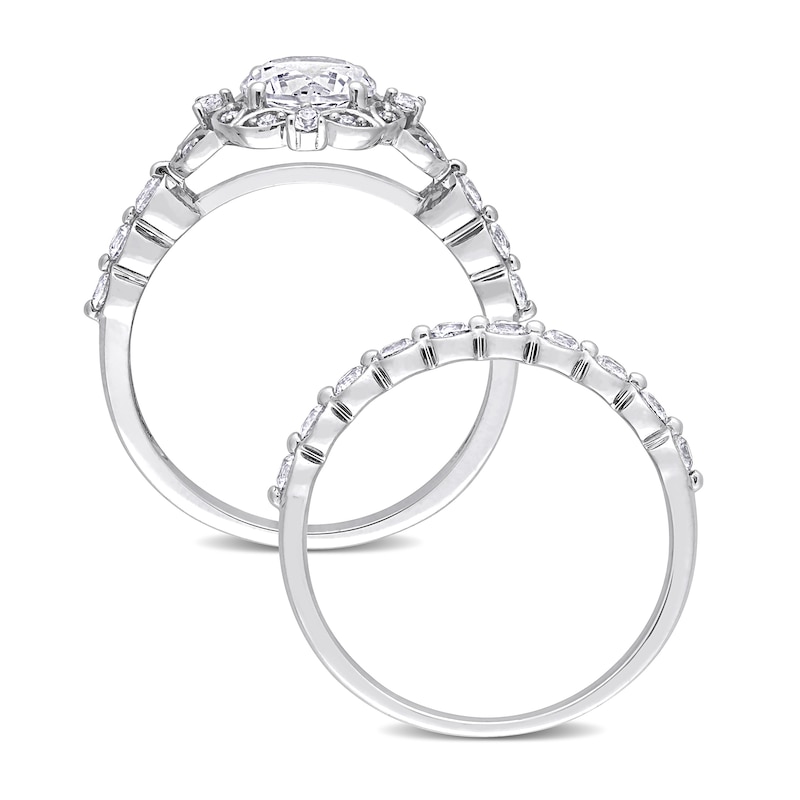 6.5mm White Lab-Created Sapphire and 0.06 CT. T.W. Diamond Flower Frame Bridal Set in 10K White Gold|Peoples Jewellers
