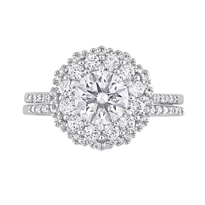 6.5mm White Lab-Created Sapphire and 0.10 CT. T.W. Diamond Flower Frame Bridal Set in 10K White Gold