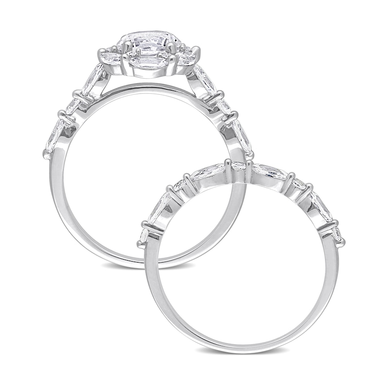 6.5mm White Lab-Created Sapphire and Diamond Accent Scallop Edge Frame Bridal Set in 10K White Gold