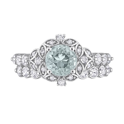 6.5mm Aquamarine, White Topaz and 0.06 CT. T.W. Diamond Flower Frame Bridal Set in 10K White Gold