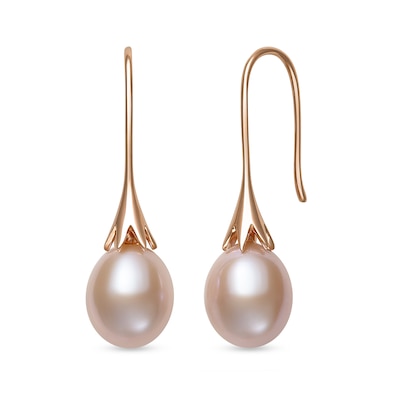 8.0-9.0mm Oval Pink Freshwater Cultured Pearl Floral Drop Earrings in 14K Rose Gold