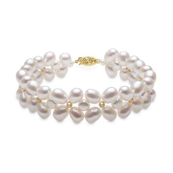 3.0-7.0mm Oval and Baroque Freshwater Cultured Pearl Strand Bracelet with 14K Gold Clasp