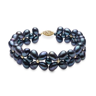 3.0-7.0mm Oval and Baroque Dyed Black Freshwater Cultured Pearl Strand Bracelet with 14K Gold Clasp