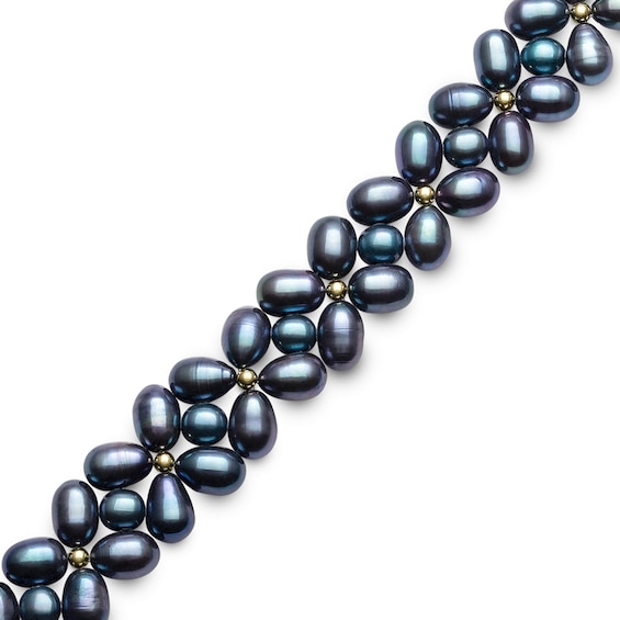 3.0-7.0mm Oval and Baroque Dyed Black Freshwater Cultured Pearl Strand Bracelet with 14K Gold Clasp