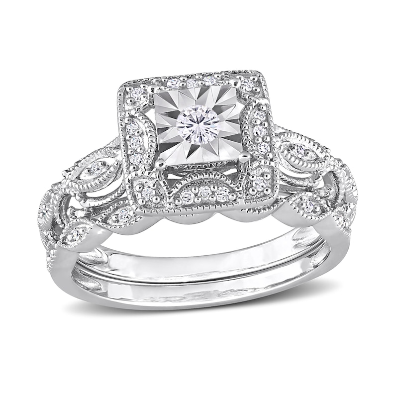 0.20 CT. T.W. Diamond Square Frame Twist Vintage-Style Bridal Set in Sterling Silver|Peoples Jewellers