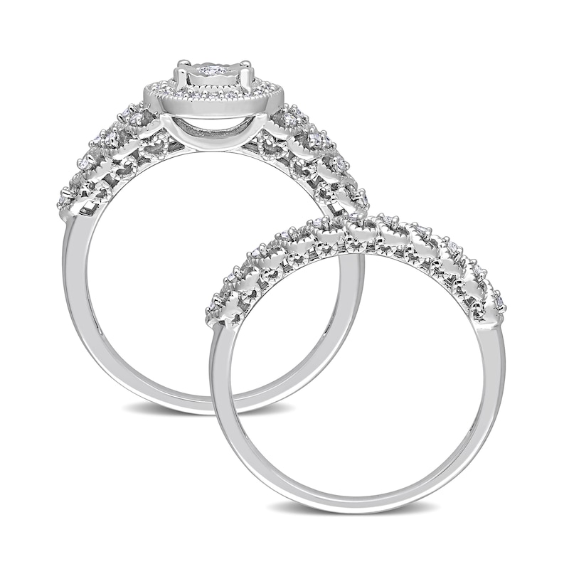 0.29 CT. T.W. Diamond Frame Vintage-Style Heart Shank Bridal Set in Sterling Silver|Peoples Jewellers