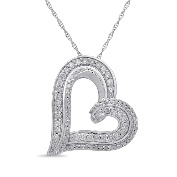 0.50 CT. T.W. Diamond Double Row Tilted Heart Pendant in 10K White Gold