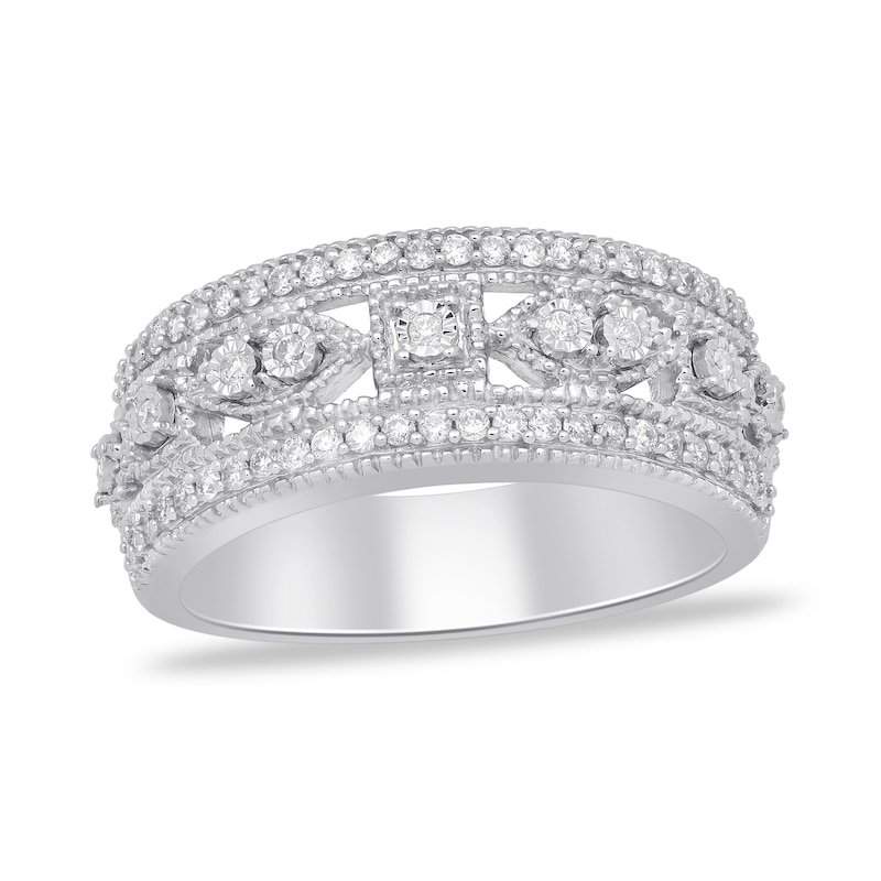 0.32 CT. T.W. Diamond Square and Marquise Frames Vintage-Style Triple Row Band in 14K White Gold