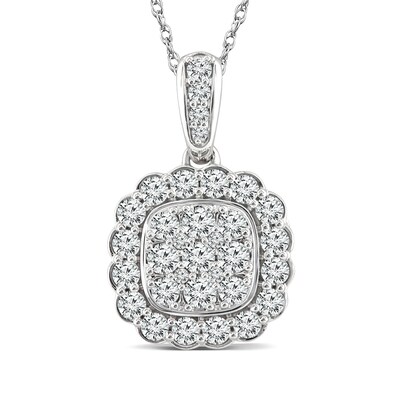 0.77 CT. T.W. Cushion-Shaped Multi-Diamond Flower Frame Pendant in 14K Gold