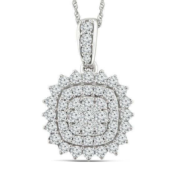 0.77 CT. T.W. Cushion-Shaped Multi-Diamond Double Frame Sunburst Pendant in 14K Gold