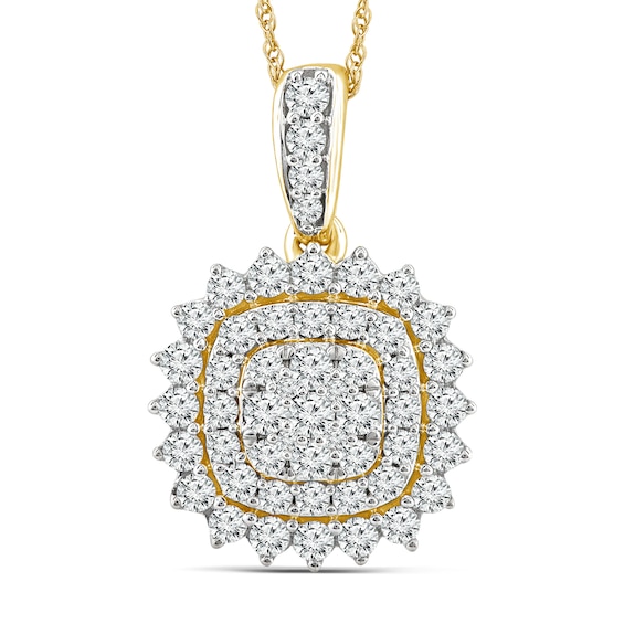 0.77 CT. T.W. Cushion-Shaped Multi-Diamond Double Frame Sunburst Pendant in 14K Gold