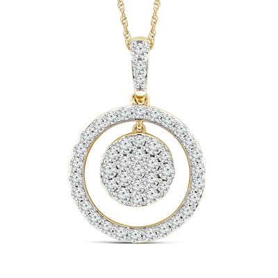 1.04 CT. T.W. Multi-Diamond Dangle Circle Outline Pendant in 14K Gold