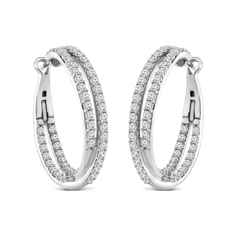 3.04 CT. T.W. Diamond Double Row Crossover Inside-Out Hoop Earrings in 14K Gold|Peoples Jewellers